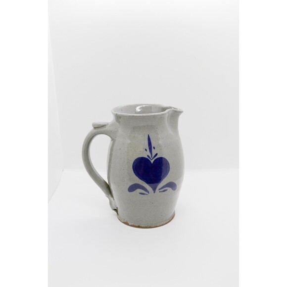 Vintage 1983 Handmade Pitcher Stoneware Pottery Heart Vase Country Folk Art - Picture 3 of 9